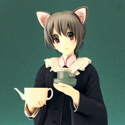 Prompt: Manga cover portrait of an extremely cute and adorable beautiful Victorian-chan ASMR anime girl with cat ears sipping a cup of tea, 3d render diorama by Hayao Miyazaki, official Studio Ghibli still, color graflex macro photograph