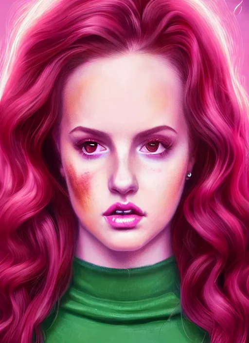 Image similar to full body portrait of teenage cheryl blossom, bangs, green eyes, sultry expression, red hair, sultry smirk, bangs and wavy hair, pink skirt, intricate, elegant, glowing lights, highly detailed, digital painting, artstation, concept art, smooth, sharp focus, illustration, art by wlop, mars ravelo and greg rutkowski