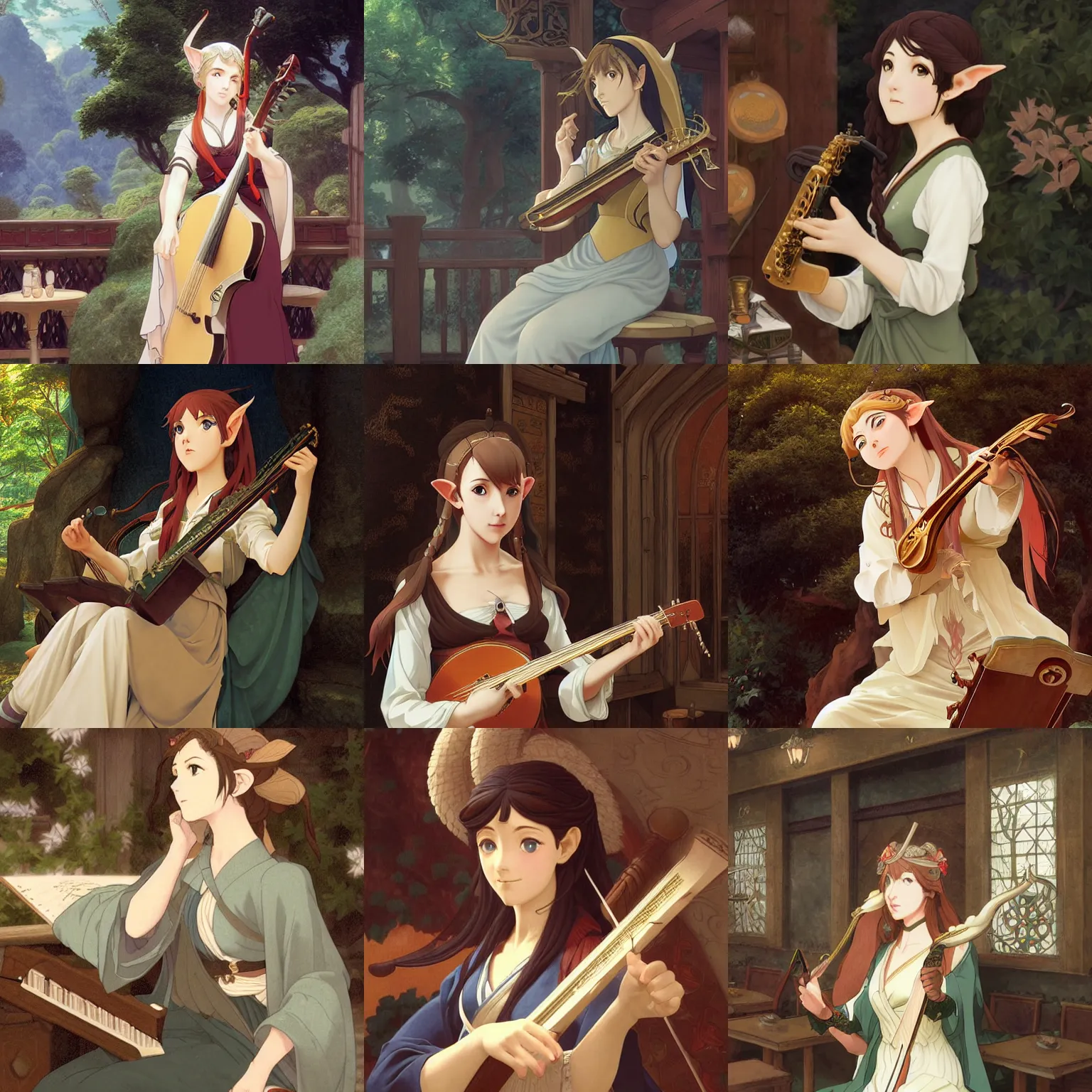 Prompt: Portrait of a female elven bard playing a song in a tavern, fantasy, defined facial features, highly detailed, digital illustration, Kyoto Animation and Studio Ghibli anime screenshot, by Makoto Shinkai and William-Adolphe Bouguereau