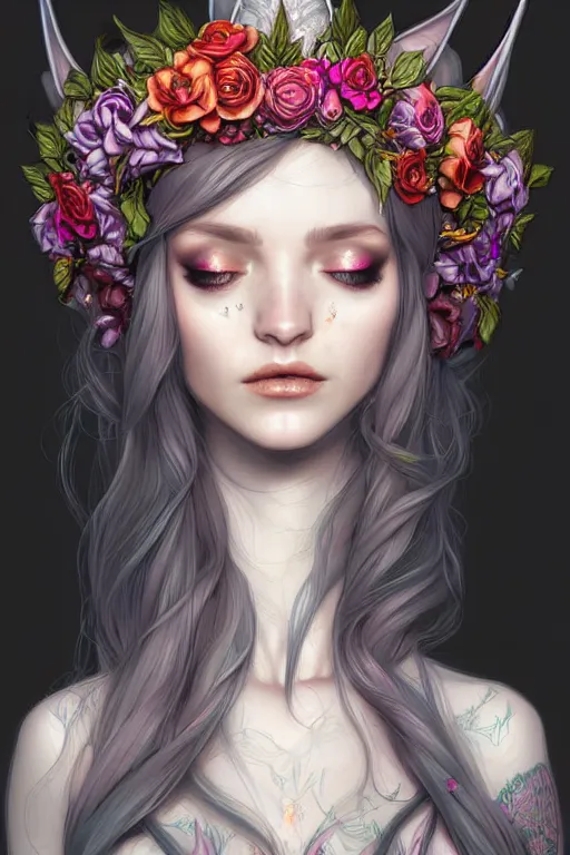 Image similar to digital art, centered elven bride, vivid flower crown ,intricate, veins, by James Jean and by artgerm , ultradetailed, charachter design, concept art, trending on artstation,