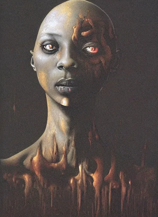 Image similar to bald barbarian black girl by Beksinski