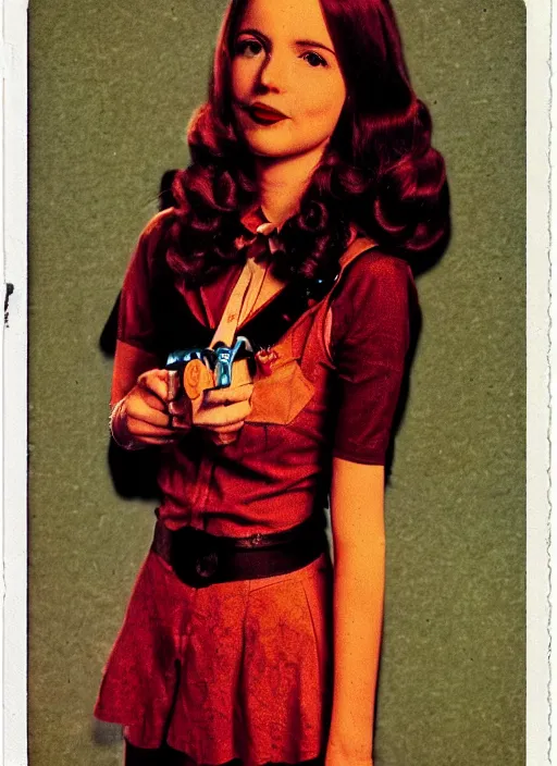 Image similar to Whole body and face wide shot of Daria Morgendorffer in steampunk couture created like it's out of the 1940s polaroid clear, colorful image