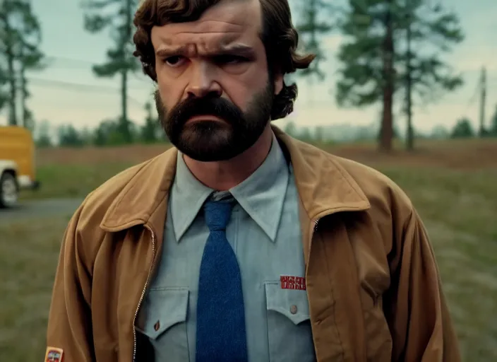 Image similar to film still of jim hopper as mike wheeler in stranger things, 8 k