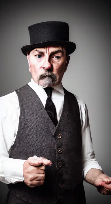 Prompt: Portrait of a man in his 40s with a stern yet panicked look dressed in a 1920s attire. He seems mentally unstable. 4K, dramatic lighting