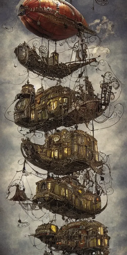 Image similar to a vintage steampunk living airship by alexander jansson and where's waldo