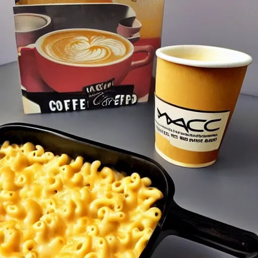 Image similar to A found photo of a living box of mac and cheese holding a cup of coffee, eldritch horror