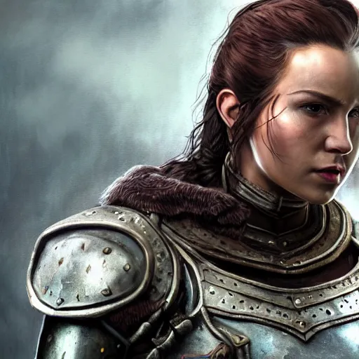 Prompt: charismatic rugged, the elder scrolls vi character brunette female portrait partially clothed in exquisitely deatiled metal - plated battle armour, atmospheric lighting, painted, intricate, volumetric lighting, beautiful, rich deep colors masterpiece, sharp focus, ultra detailed by leesha hannigan, ross tran, thierry doizon, kai carpenter, ignacio fernandez rios