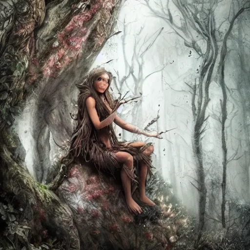 Prompt: high definition charcoal watercolor fantasy character art, hyper realistic, hyperrealism, water elemental, forest dryad, woody foliage, 8 k dop dof hdr fantasy character art, by aleski briclot and alexander'hollllow'fedosav and laura zalenga