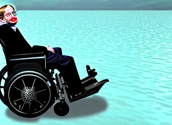 Prompt: stephen hawking wheelchair going across water like a jet ski, realistic, detailed