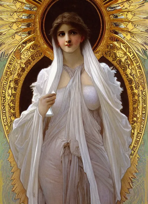 Prompt: painting of a beautifully robed angel with huge white feather wings, intricate, elegant, hyperdetailed, by alphonse mucha and william - adolphe bouguereau and john william waterhouse