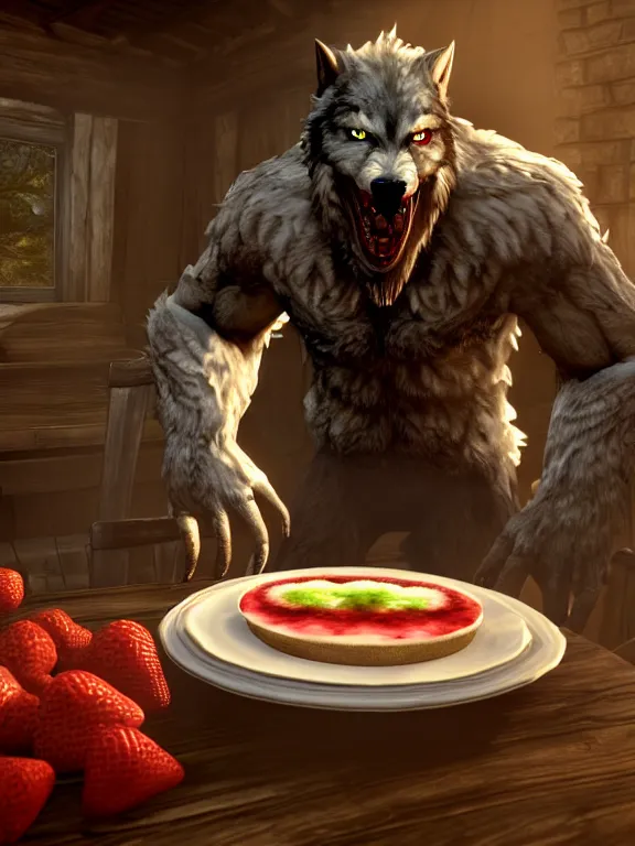 Image similar to cute handsome cuddly burly surly relaxed calm timid werewolf from van helsing sitting down at the breakfast table in the kitchen of a normal country home cooking having fun lighthearted whimsy whimsical baking strawberry tart cakes unreal engine hyperreallistic render 8k character concept art masterpiece screenshot from the video game the Elder Scrolls V: Skyrim