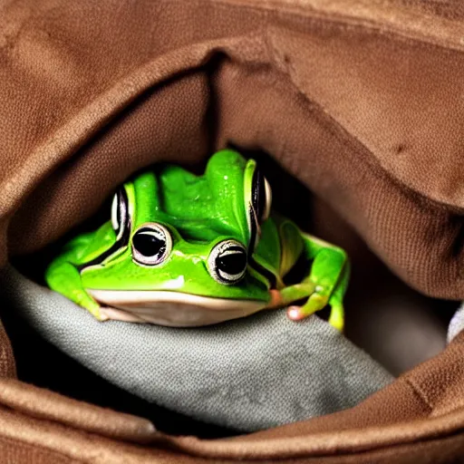 Prompt: a funny picture of a happy frog peeking out of a jacket pocket, 4K