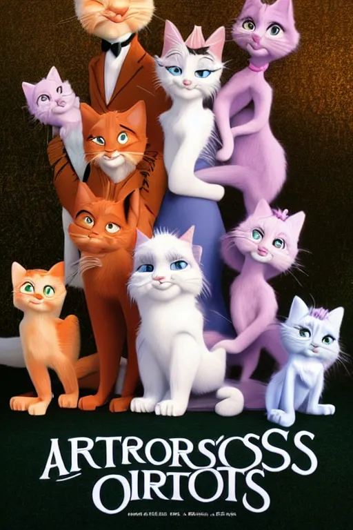 Image similar to aristocats movie poster, cgi, cinema, realistic, cats, disney film