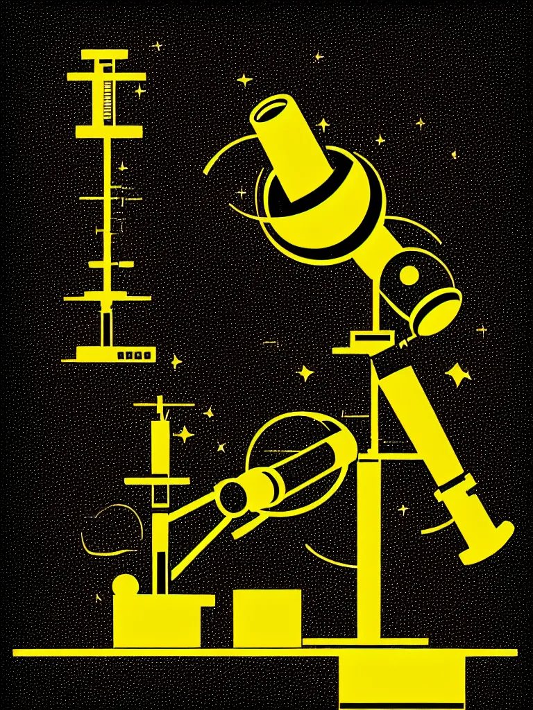 Prompt: editorial illustration scientific lab test tube telescope microscope spaceship, fine texture, dynamic composition, detailed, matte print, dynamic perspective, halftone texture, colorful modern, mads berg