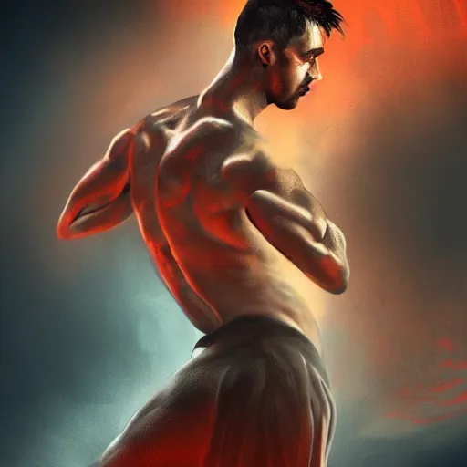 Prompt: abstract dramatic concept art, male calisthenics, abstract!!, dramatic lighting, flowing symbolic imagery, matte colors, inspiring digital art, trending on artstation