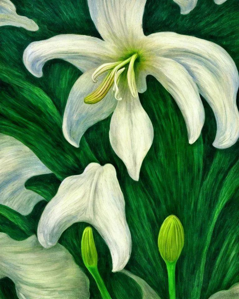 Prompt: achingly beautiful extreme close up painting of one white lily blossom on green background rene magritte, monet, and turner. piranesi. macro lens.