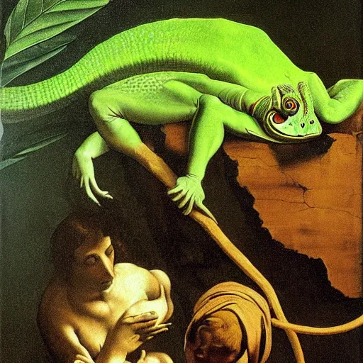 Image similar to majestic painting of a green basilisk by Michelangelo Merisi da Caravaggio