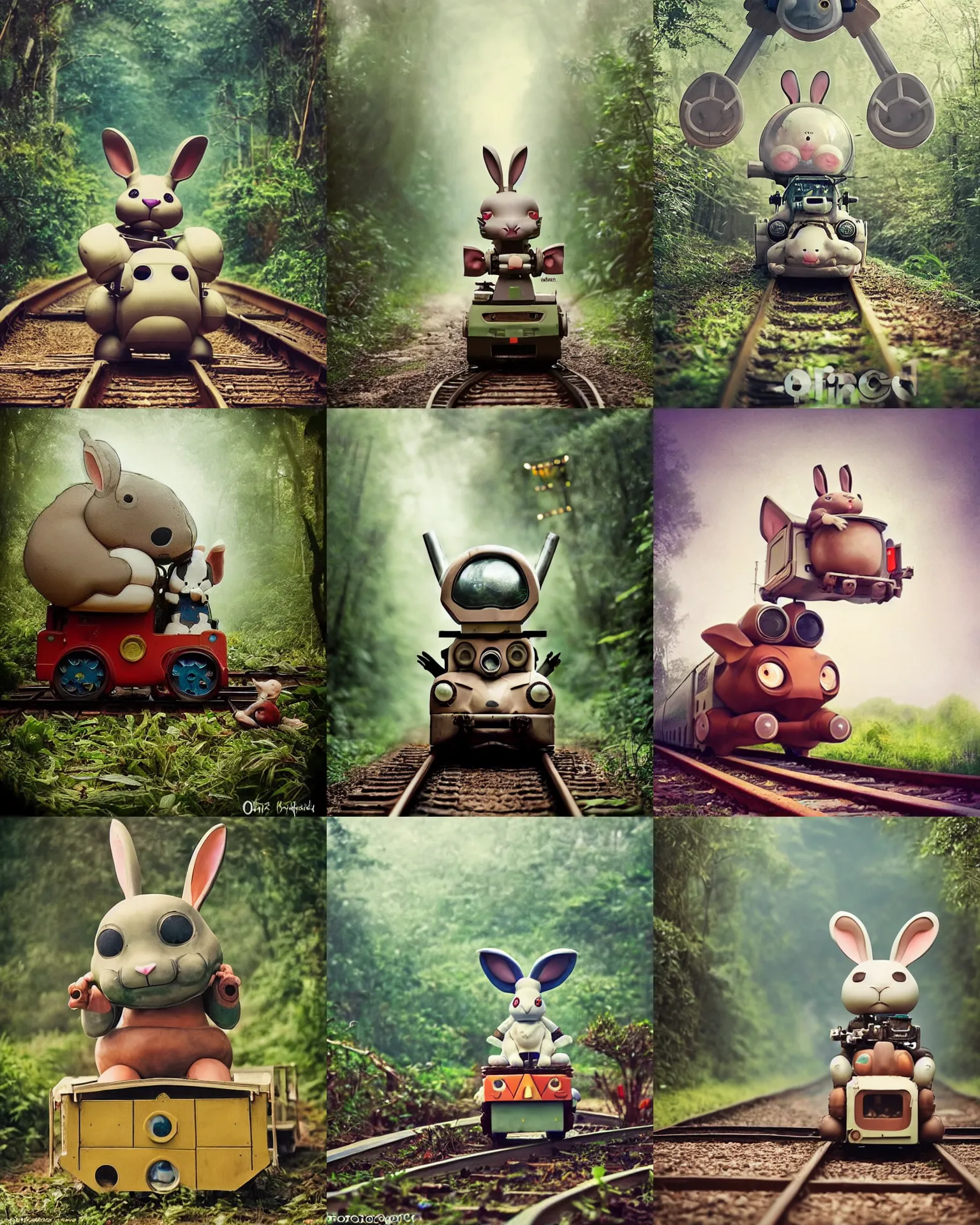 Prompt: epic battle pose !!!giant oversized battle rabbit robot chubby mech baby as train cute with big ears and rabbit, on a jungle forest train track , full body , Cinematic focus, Polaroid photo, vintage , neutral dull colors, soft lights, foggy ,random weather, by oleg oprisco , by victor enrich