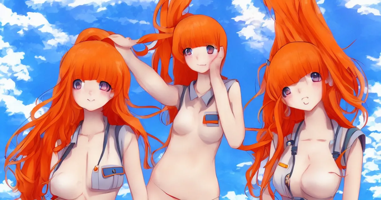 Prompt: very beautiful young anime girl with orange hair, dressed in soviet pioneer uniform, full body, long wavy blonde hair, sky blue eyes, full round face, bikini, miniskirt, front view, middle, highly detailed, colored manga drawing by wlop popular on artstation