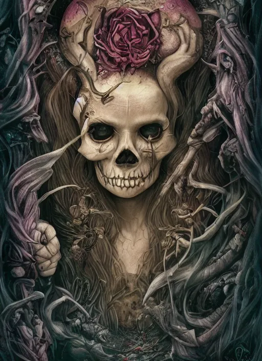 Prompt: alice in wonderland death tarot card, highly detailed, half skull face, cinematic, 8 k, bymegan duncanson, benjamin lacombe, naoto hattori, adrian borda, giger, trending on deviantart, hyper detailed, horror, full of colour