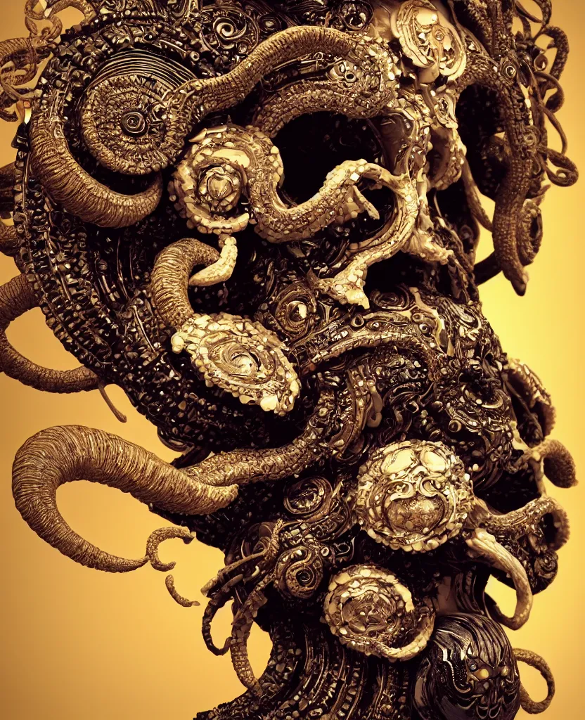 Image similar to goddess princess face close-up portrait ram skull. sculpture made of black clay and gold. jellyfish phoenix head, nautilus, orchid, skull, betta fish, bioluminiscent creatures, intricate artwork by Tooth Wu and wlop and beeple. octane render, trending on artstation, greg rutkowski very coherent symmetrical artwork. cinematic, hyper realism, high detail, octane render, 8k