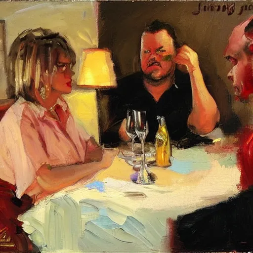 Prompt: by john wayne gacy, by michael garmash realist. a installation art of two people, a man & a woman, sitting at a table. the man is looking at the woman with interest. the woman is not interested in him. there is a lamp on the table between them.