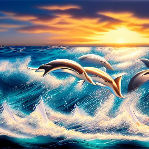 Prompt: A group of metallic dolphins surfing a wave in Hawaii during the sunset, air brush, Hajime Sorayama, 4K