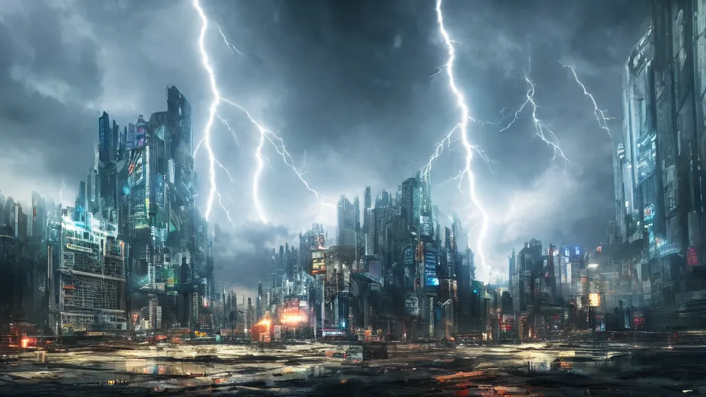 Image similar to a huge lightning strike destroying a dystopian city, cyberpunk, sharp focus, dynamic lights, still, photograph, hyper realistic, masterpiece, octane render, rendered, 3 d, cinematic, cinematic lighting, dramatic lighting, highly detailed, intricate details, texture, cinematic composition, wide shot, by donglu yu and kevin jick and eddie del rio