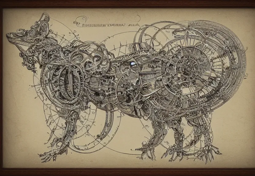 Image similar to schematic blueprint of highly detailed ornate filigreed convoluted ornamented elaborate cybernetic rat, wooden frame with fold leaf, art by da vinci