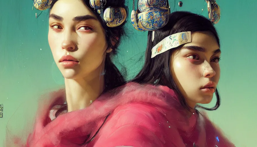 Prompt: madison beer, detailed portrait young gangster woman, amazing beauty, visor, neon tattoo, styled hair, decorated traditional japanese ornaments by carl spitzweg, ismail inceoglu, vdragan bibin, hans thoma, greg rutkowski, alexandros pyromallis, perfect face, fine details, realistic shaded