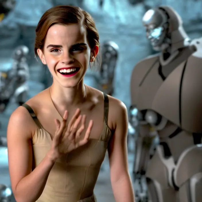 Image similar to Joyful! smiling Emma Watson wearing cyborg prosthetic, from The emperor's new groove (2000). Clear body. Light Clothes. Cinematic. Professional Photo. Low angle. 8k. Clear Face.