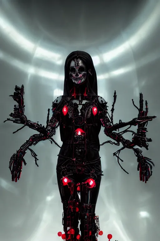 Prompt: full-body cyberpunk style sculpture of a young beautiful dark priestess, half android with a head opening exposing circuitry. glowing red eyes, black roses, flowing blood-red colored silk. fabric, candles. baroque elements. human skull. full-length view. baroque element. intricate artwork by Caravaggio. crows flying in background. Trending on artstation, octane render, cinematic lighting from the right, hyper realism, octane render, 8k, depth of field, 3D