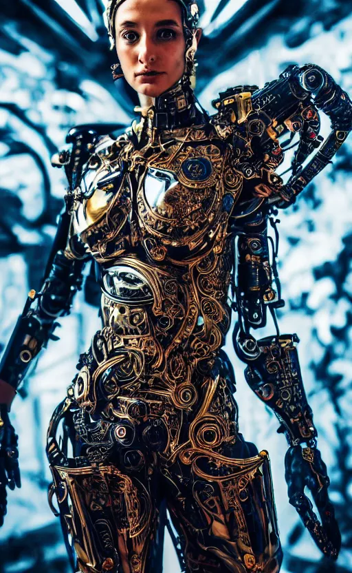 Prompt: the stunning young cyborg muse, piercing glowing eyes, fashion ornate royal armor, striking composition, highly detailed ornate sci fi background, vogue poses, striking composition, vivid details, wires, glowing tubes, beautiful composition, mural in the style of sandro botticelli, caravaggio, albrecth durer, 8k