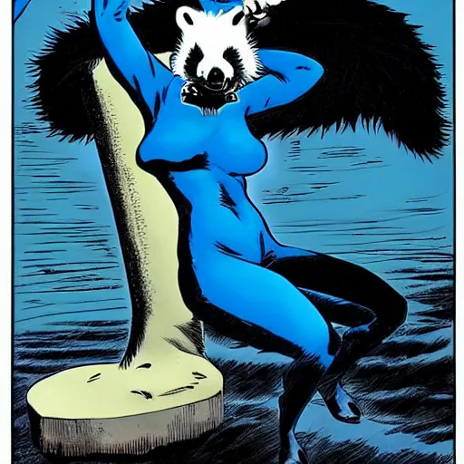 Prompt: a skunk that is blue by richard corben style