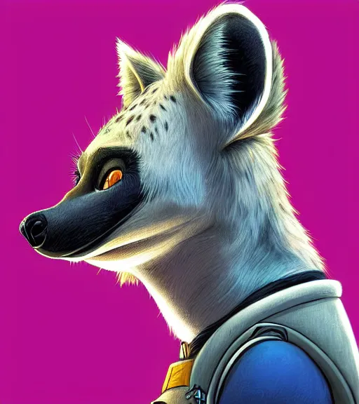 Image similar to digital detailed art of furry female hyena, in style of zootopia, fursona, furry, furaffinity, deviantart, wearing astronaut outfit, in style of mark arian, floating in space, space background, hyena fursona, cyberpunk, female, detailed face, style of artgerm,