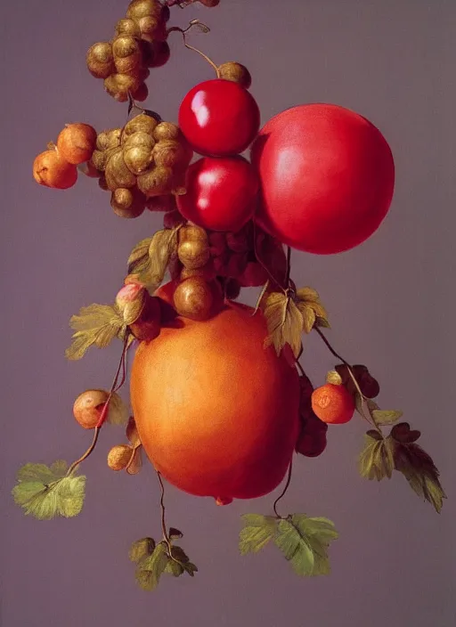 Prompt: [Jeff Koons] [oil painting] of a [tree] in the style of [rembrant], [sculpture] and [hyperrealism], lots of big red fruit on the tree