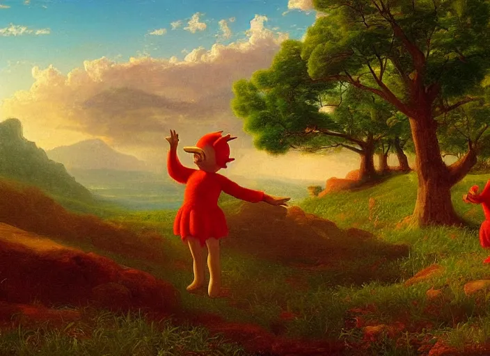 Image similar to american realist romanticism landscape painting of teletubbies in the style of hudson river school and thomas cole and albert bierstadt and robert duncanson