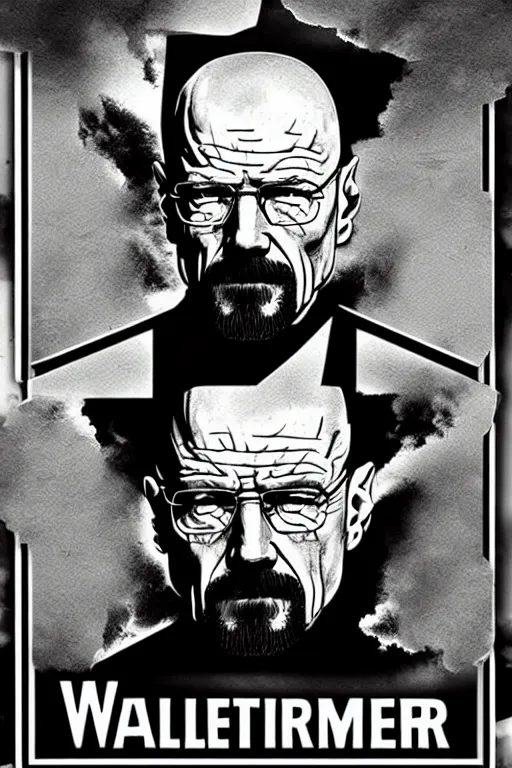 Image similar to poster of walter white, in the style of megadeth's album covers