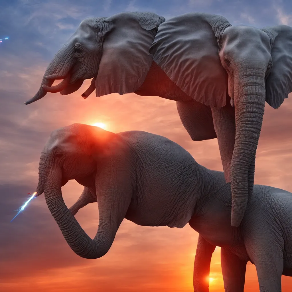 Image similar to A single elephant with lasers coming out of it's eyes, cyberpunk elephant in front of a sunset