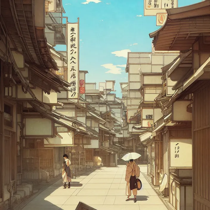 Image similar to empty japanese city, summer, in the style of studio ghibli, j. c. leyendecker, greg rutkowski, artem