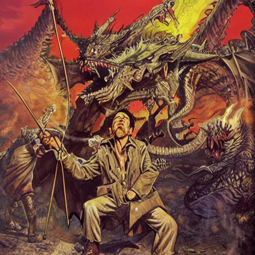 Prompt: Tom Waits and William S Burroughs as adventurers battling a dragon as painter by Larry Elmore in the style of a dungeons and dragons module cover art