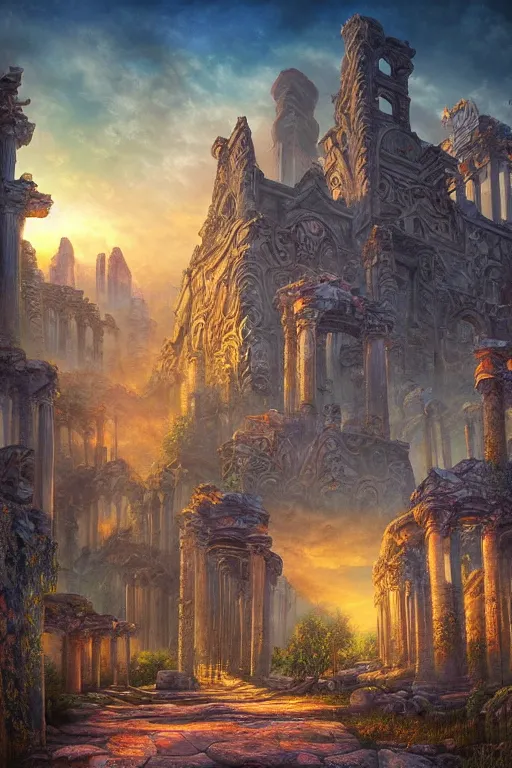 Image similar to beautiful matte painting street art fantasy ruins skyline background painted, intricate, volumetric lighting, beautiful, rich deep colors masterpiece, sharp focus, ultra detailed by alex grey