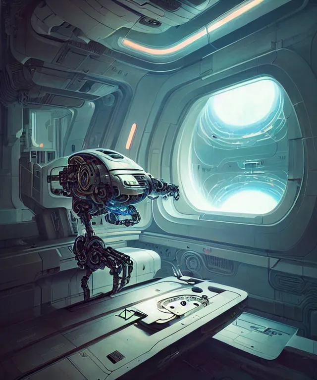 Image similar to realistic detailed image of futuristic cyborg-robot creating a painting in a huge retro-futuristic spaceship , intricate artwork by Tooth Wu and wlop and beeple, greg rutkowski