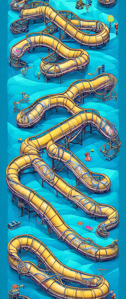 Image similar to twisted water slides, centered award winning ink pen illustration, isometric abstract illustration by dan mumford, edited by craola, technical drawing by beeple and tooth wu, tiny details by artgerm and watercolor girl, symmetrically isometrically centered