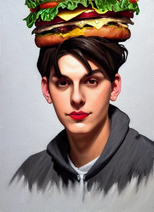 Image similar to oil painting, jughead jones wears a grey crown, and devours a hamburger, intricate, elegant, highly detailed, lighting, painting, artstation, smooth, illustration, art by greg rutowski and alphonse mucha