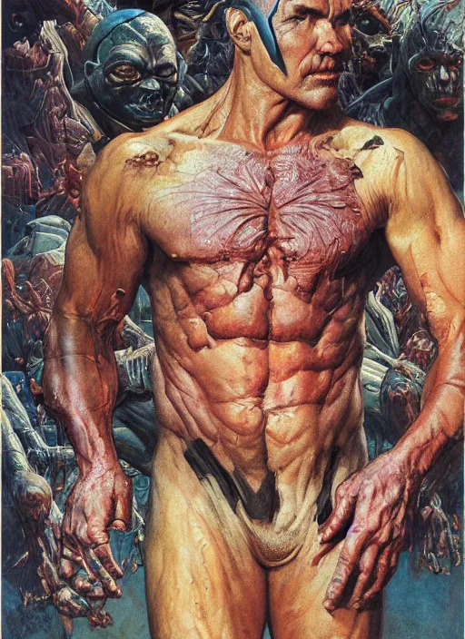 Image similar to upper body and head portrait of josh brolin as mutant, by lawrence alma tadema and zdzislaw beksinski and norman rockwell and jack kirby and tom lovell and greg staples