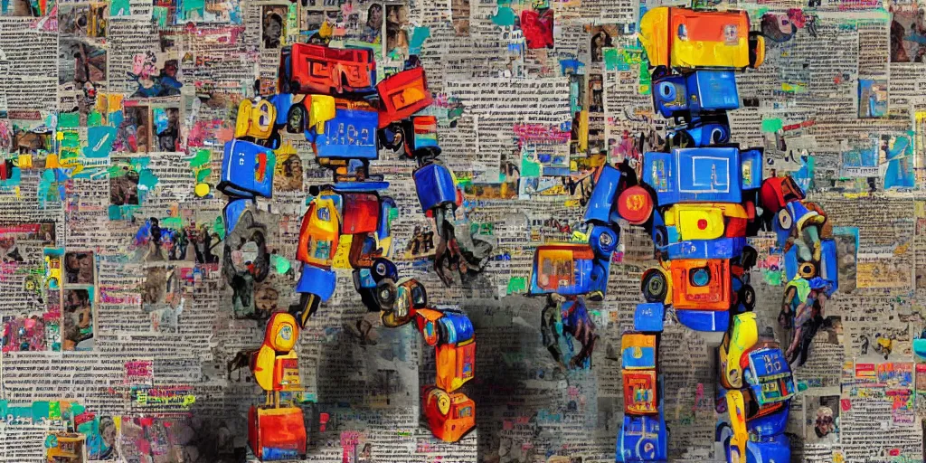 Image similar to colourful giant mecha ROBOT of AJEGUNLE SLUMS of Lagos, writings and markings on robot, magazine collage,