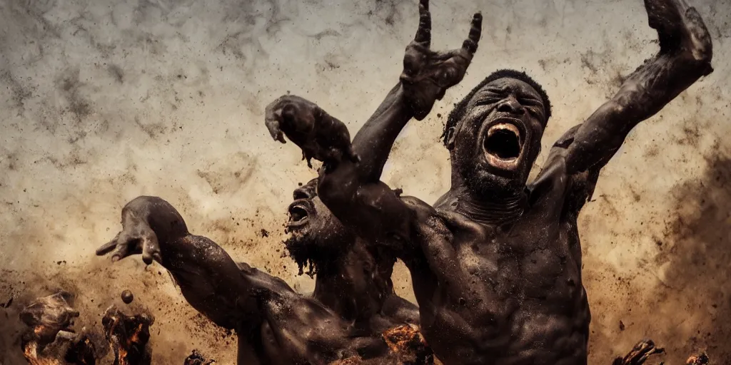 Prompt: highly detailed photography of a screaming black men made of rust clay, burned, rocks, hand gesture, dust particles, dirt, dramatic scene, aesthetic dynamic lighting, masterpiece, by roberto ferri, blue background, high quality, spatula