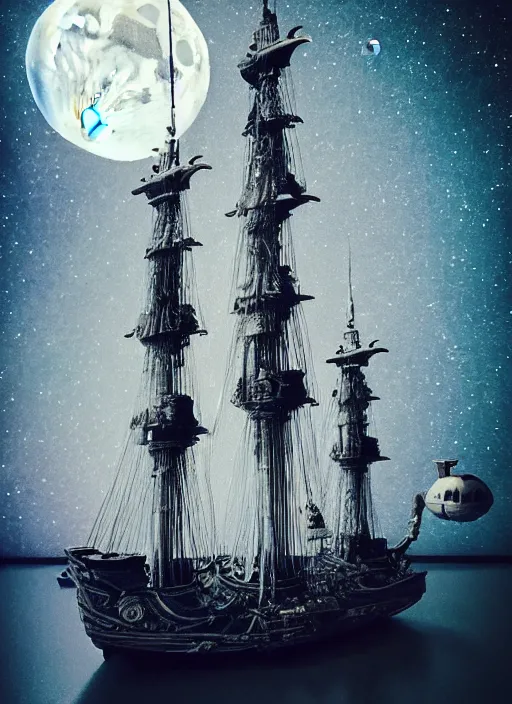 Image similar to photo of moonlanding with an old pirateship, scifi, aesthetic, fine art, intricate, elegant, highly detailed, centered, phograph, art station, conceptual art, soft, sharp focus,