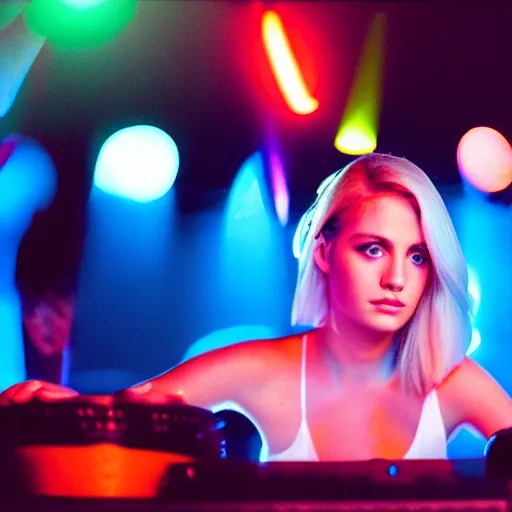 Image similar to A young, blonde-haired woman with soft facial features and blue eyes, 35mm photograph, neon lights in the background, DJing at coachella